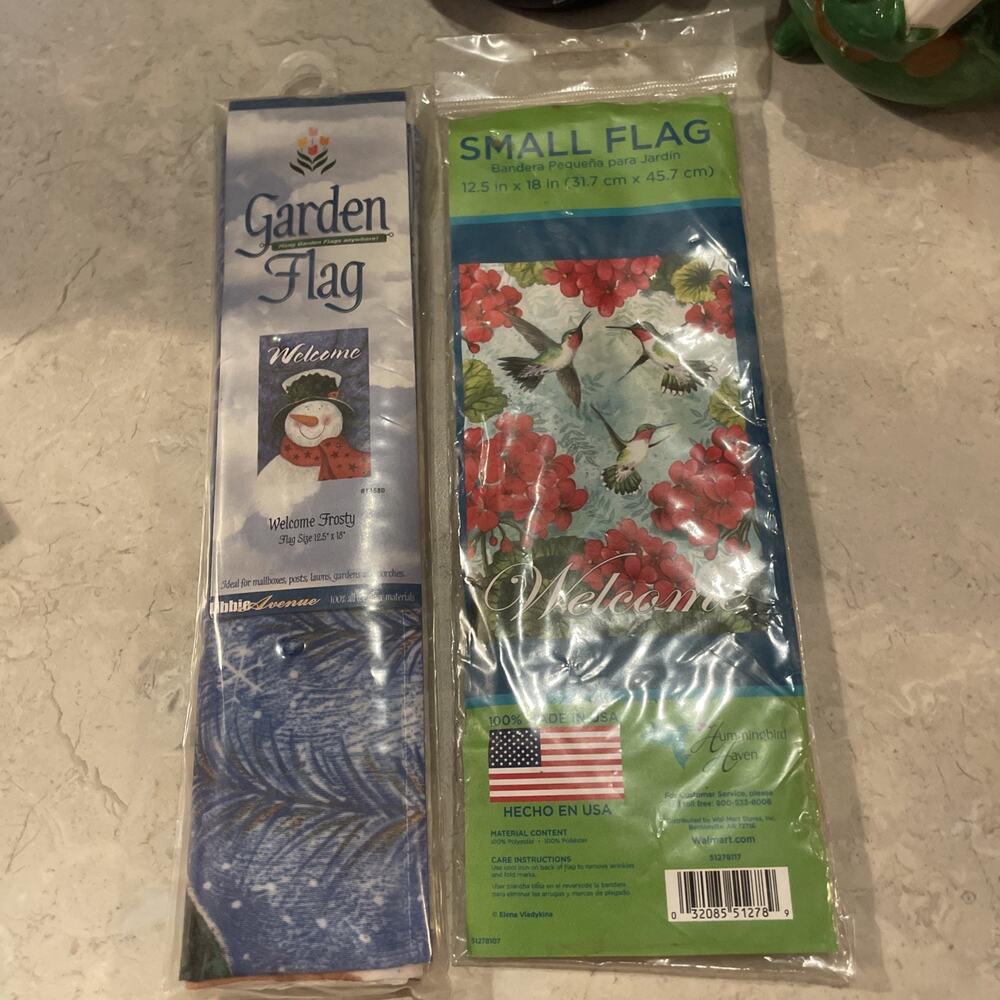 Two Mini Garden Flags 12.5 x 18 in Welcome Flowers Hummingbirds & Welcome Frosty